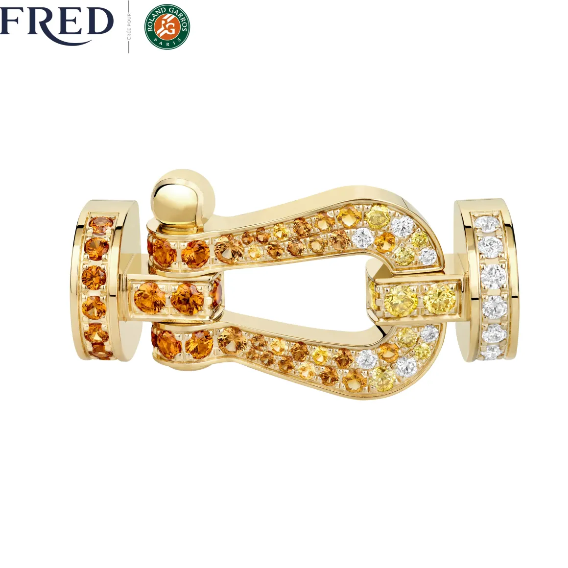 Roland-Garros Bracelets|Bracelets|FRED Force 10 buckle for - Large model 18K yellow gold diamond paved and colored stones